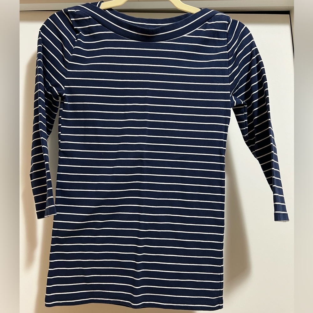 NWOT Small Ann Taylor 3/4 sleeve; navy and white striped, boat neck tee